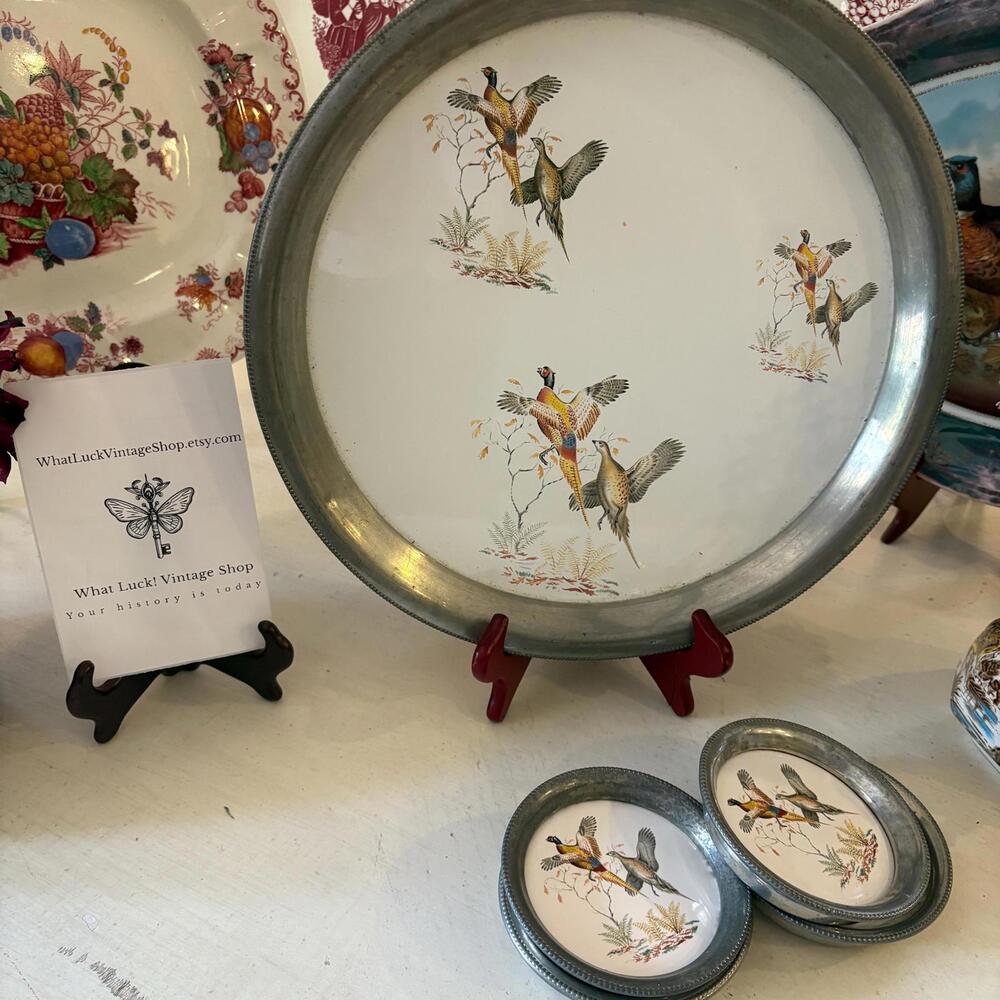 Revere Pewter and porcelain tray and beverage coasters Pheasant Motif midcentury